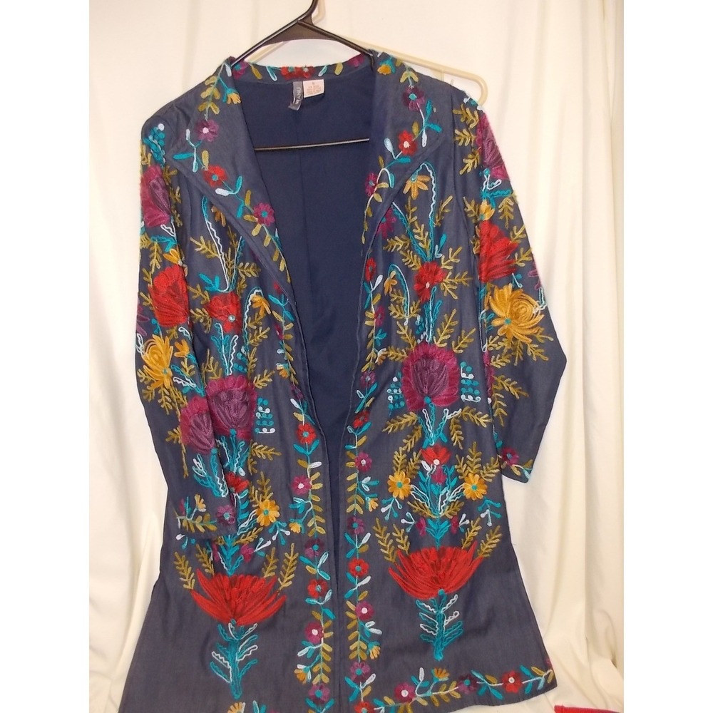 Anu by Anu Lamba Floral Embroidered Cotton Duster Jacket Navy Blue Small Boho